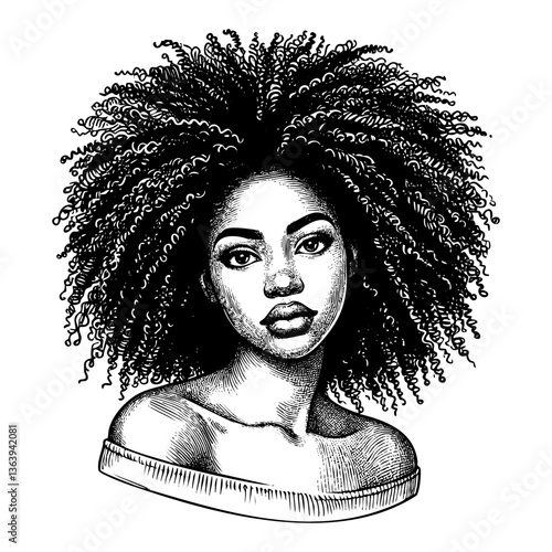 Afro woman confidence pose engraving black and white outline. Scratch board imitation.  illustrated in vintage line art style on a white background.