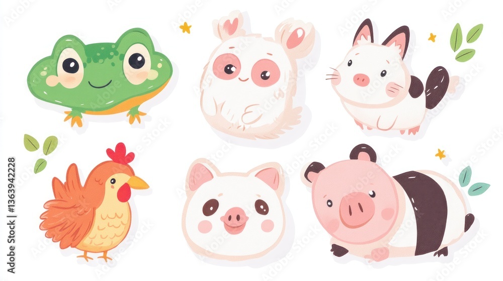 Fototapeta premium Cartoon animals frog, bunny, rabbit, hen, pig illustration isolated on white background
