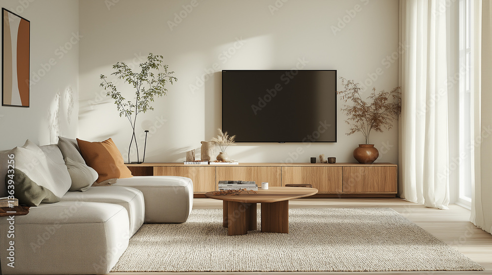 Fototapeta premium Living Room: Bright and airy modern living room featuring a sofa, TV, wooden coffee table, cabinet, rug, window with sunlight, plants and minimalist decor creating a relaxing vibe. 