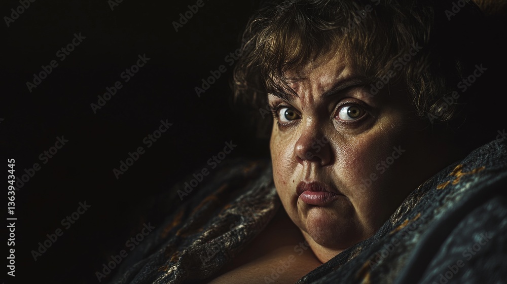 Close-Up Portrait of a Thoughtful Woman with Intense Expression Illuminated in Dark Setting Close-Up Portrait of a Thoughtful Woman with Intense Expression Illuminated in Dark Setting