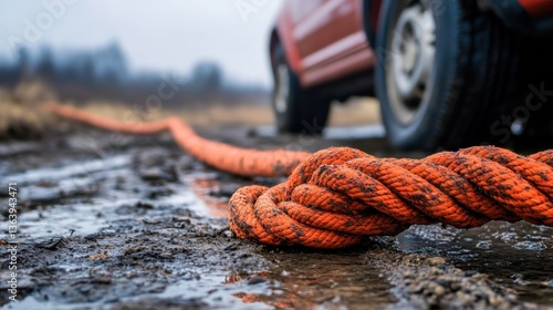 Orange tow rope in muddy field next to red truck