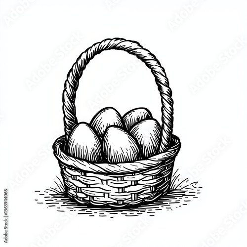 Vintage Easter Basket with Eggs on a Simple White Background 