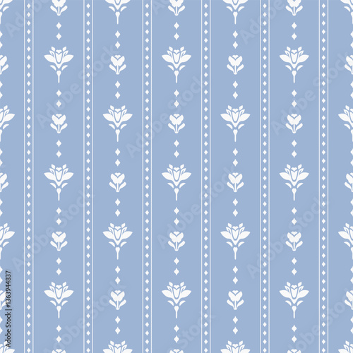 Petit floral stripe pattern with classic botanical motifs on a soft teal backdrop