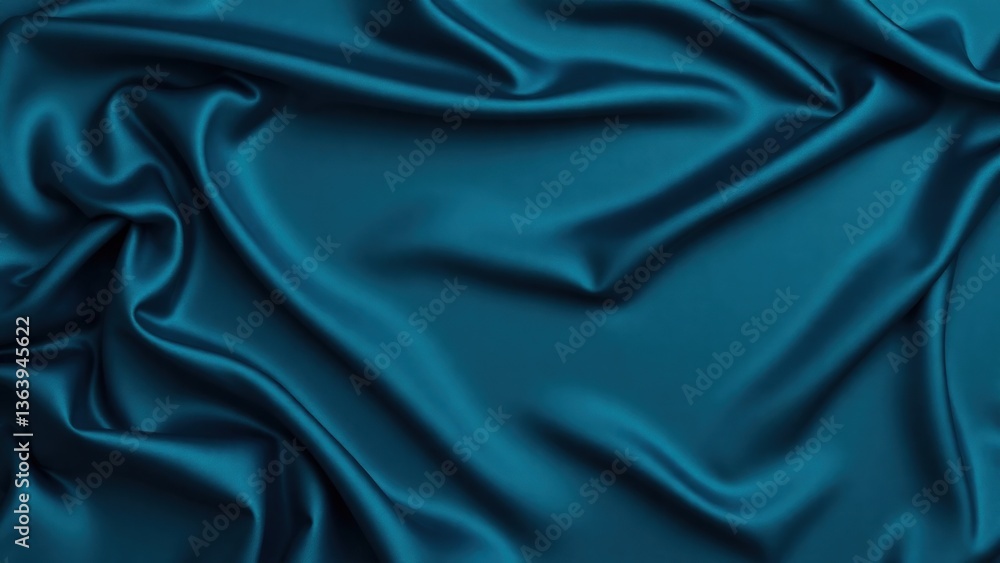 Fototapeta premium Dark blue green silk satin background. Beautiful soft folds on the smooth surface of the fabric. Luxury background with copy space for design. Wide banner. Top view. Flat lay.