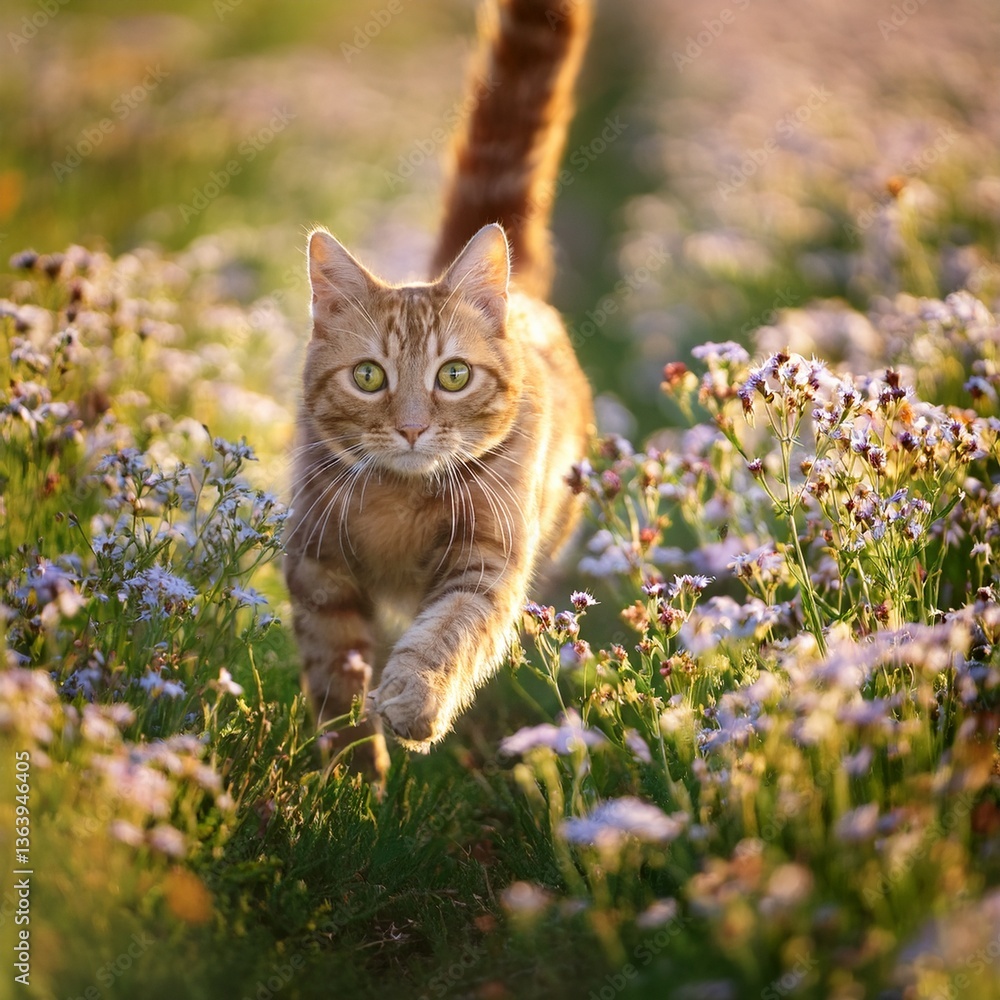 Fototapeta premium domestic cat with bright eyes walking towards camera through a field of flowers at golden hour