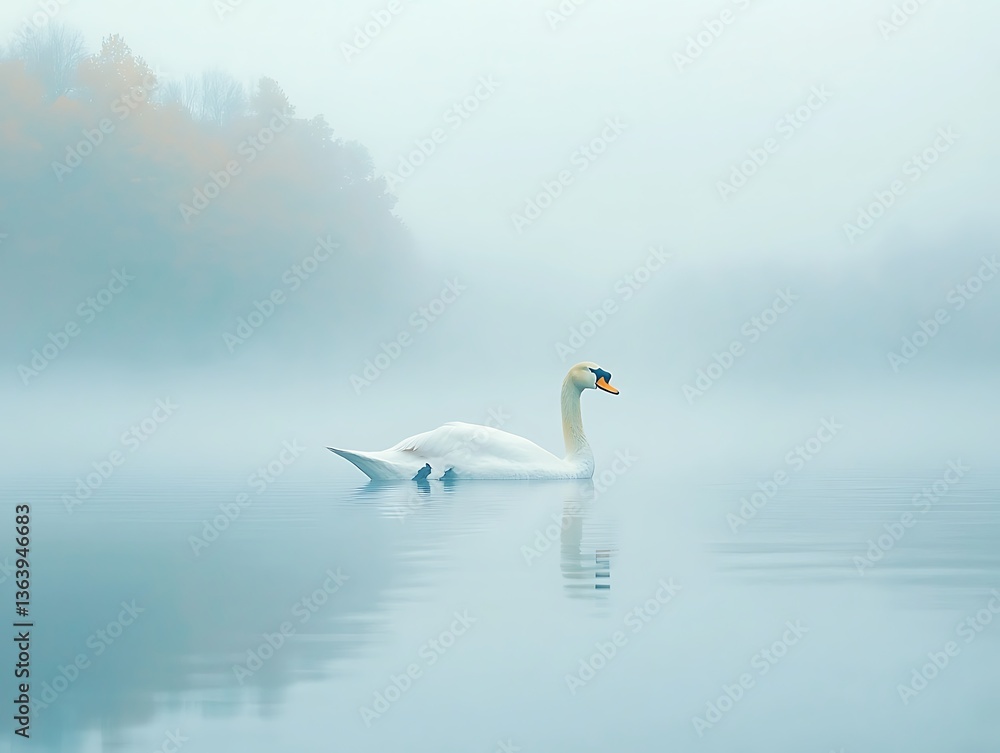 Obraz premium Solitary Swan for Misty Lake Autumn.