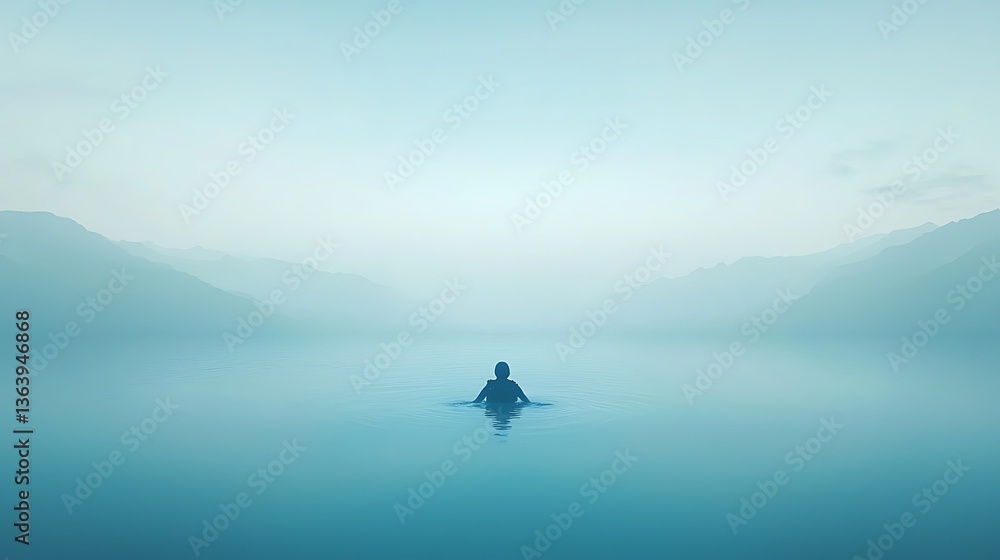 Fototapeta premium Solitary Swimmer for Misty Lake Dawn.