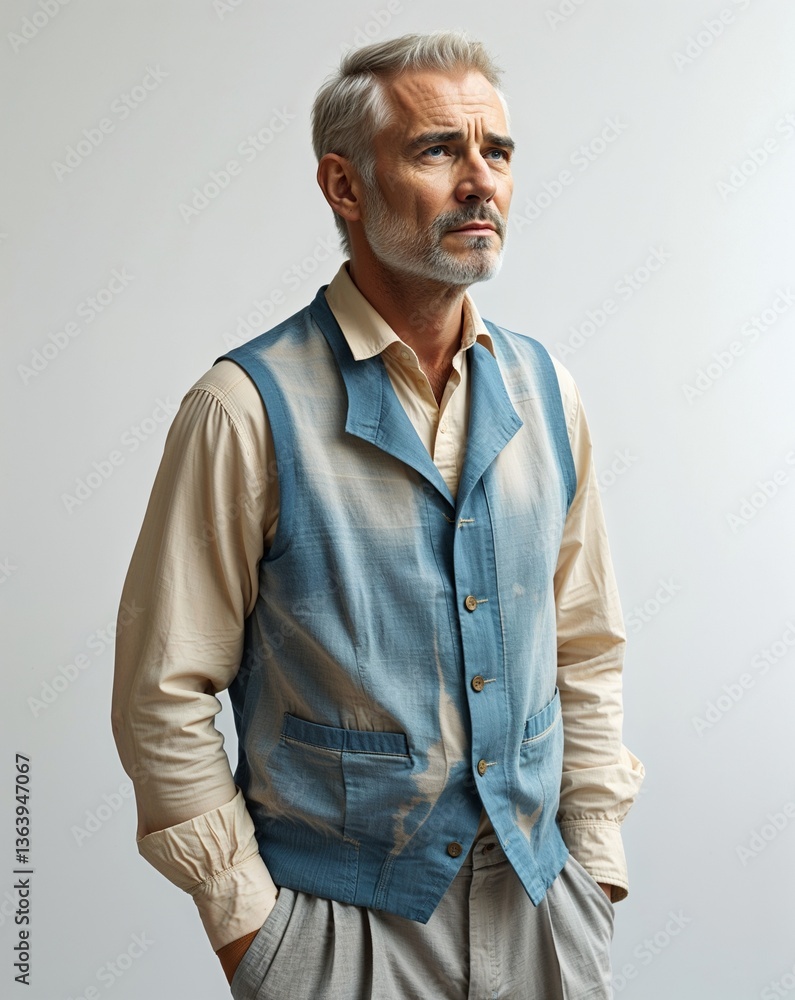 Fototapeta premium Middle aged man short gray hair in faded blue vest and gray pants wistful eyes on plain white background minimalist clean