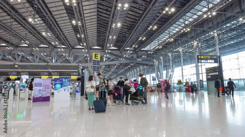 day time bangkok city international airport crowded check in hall panorama 4k timelapse thailand