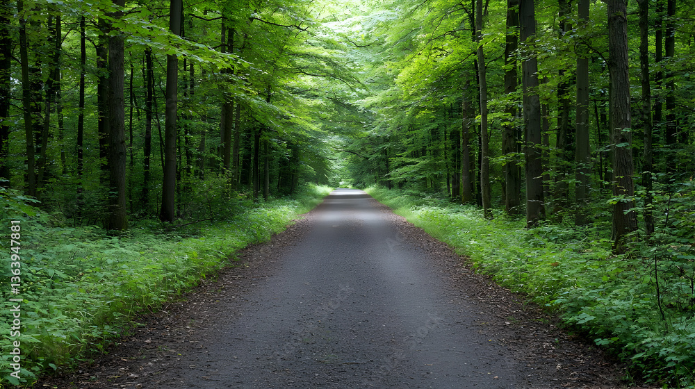 Obraz premium Tree Lined Forest Path with Green Foliage and Brown Ground Leading Towards Bright Sunlight
