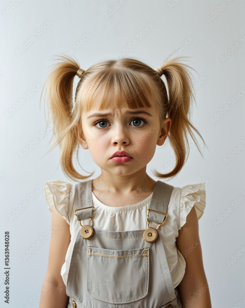 Toddler girl twin pigtails in gray overalls and black sad pout on plain white background minimalist clean Toddler girl twin pigtails in gray overalls and black sad pout on plain white background minimalist clean