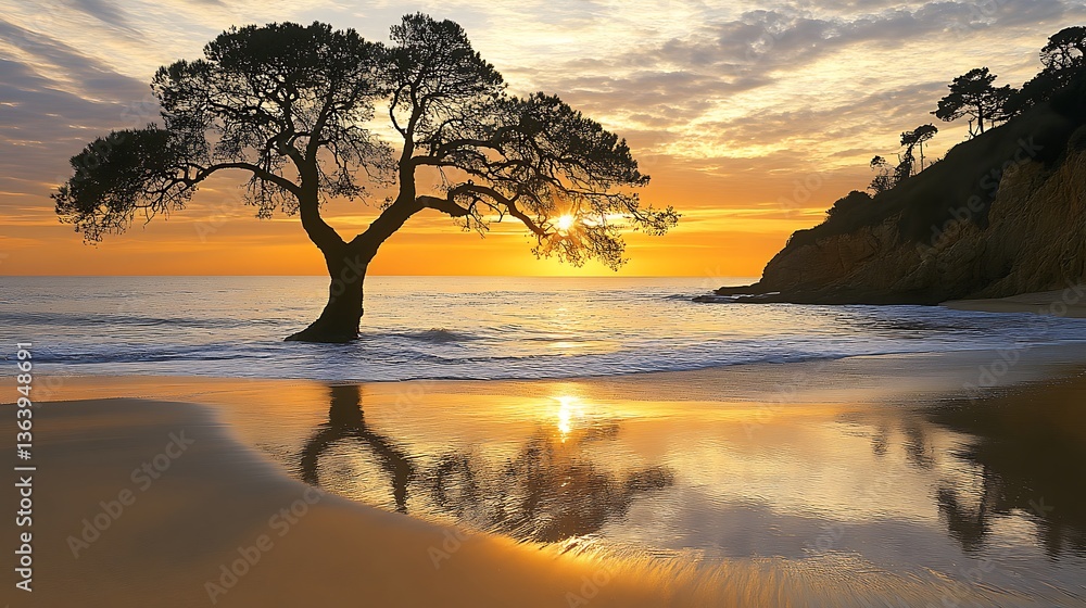 Solitary tree on beach at sunset, reflected in calm water. Solitary tree on beach at sunset, reflected in calm water.