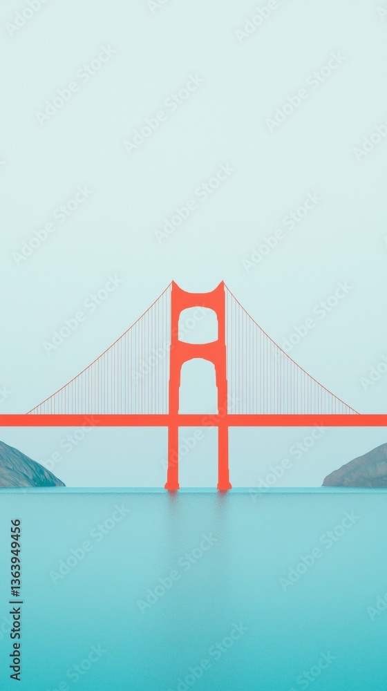 Fototapeta premium A vibrant view of the Golden Gate Bridge against a serene blue backdrop, showcasing its iconic structure and calm water.