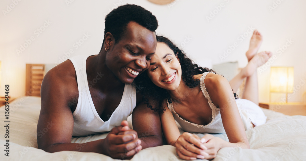 Obraz premium Happy, love and couple on bed in home for relaxing, resting and bonding in hotel room. Marriage, relationship and man with woman in bedroom for affection, commitment and romance on valentines day