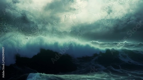 Tempestuous ocean waves under stormy skies