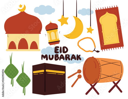 hand drawing cartoon eid fitr sticker set. eid holiday doodle set, collection