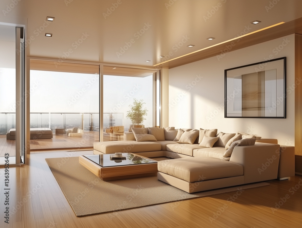 Fototapeta premium Modern Living Room Design with Large Couch and Balcony View