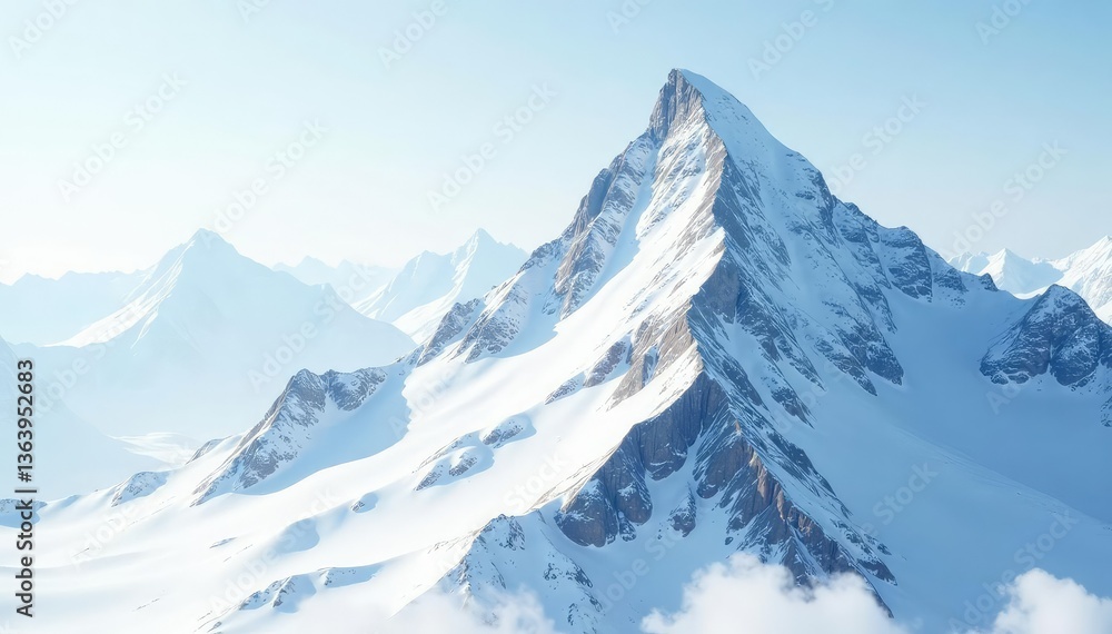 Fototapeta premium Snow-covered mountain peak against pristine white sky, nature, calm