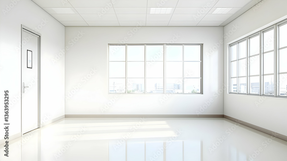Fototapeta premium Empty Modern White Office Room With Large Windows And City View