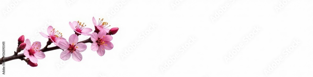 Fototapeta premium Small branch with tiny flowers isolated on white background, blossoms, delicate flowers, botanical