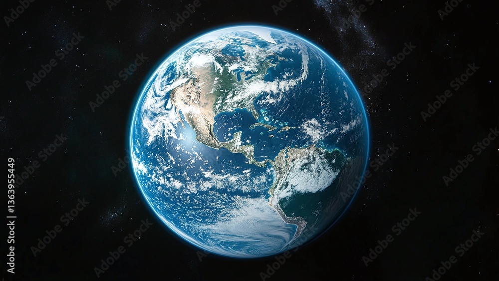 Obraz premium Earth from Space Highlighting Cloud Patterns Over the Americas with Stunning Blue Oceans and Vast Starry Background