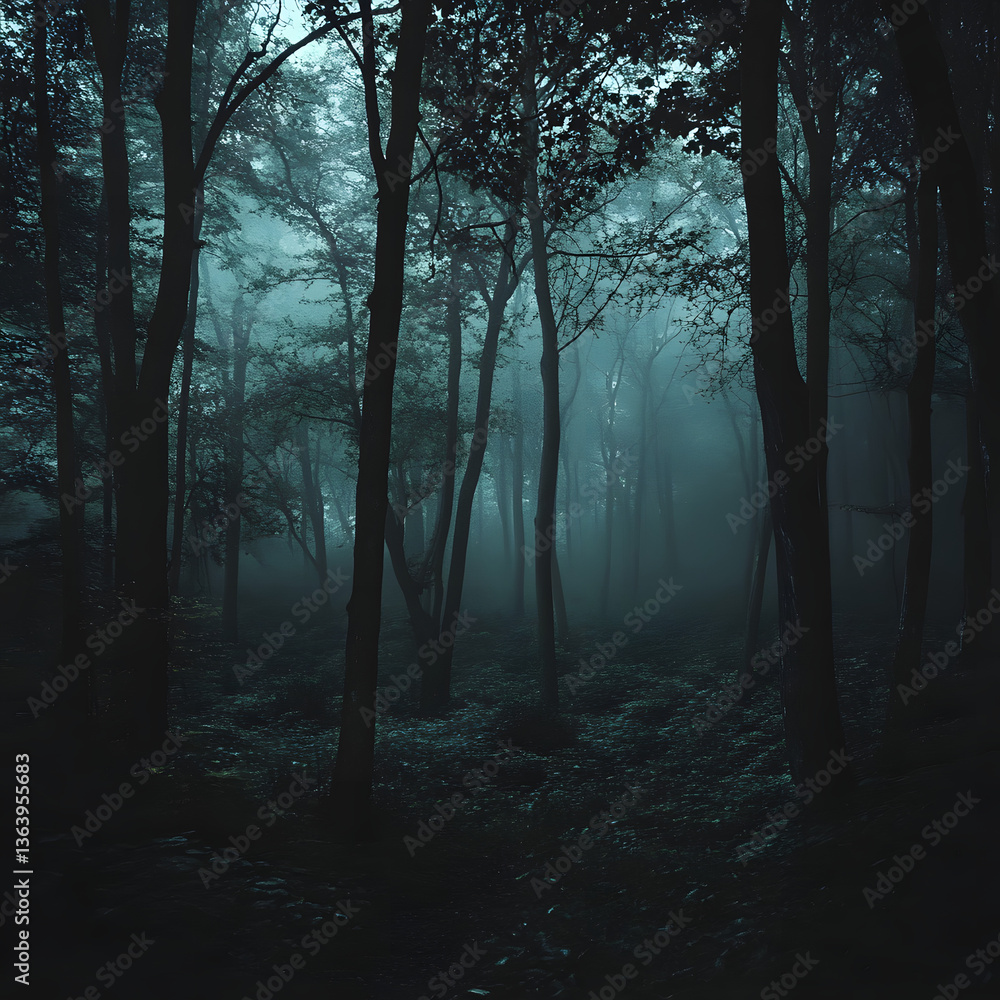 Obraz premium A dark forest shrouded in mist, rumored to be haunted by lost souls.