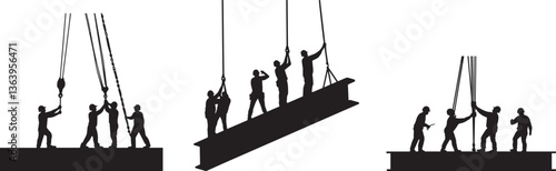 Silhouette of a construction crew lifting a steel beam into place, symbolizing teamwork vector silhouette