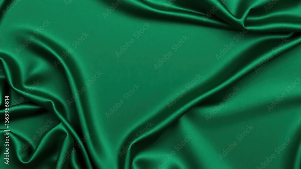 Obraz premium Dark green silk satin background. Wavy folds. Smooth surface. Shiny fabric. Luxury background with copy space for design. Web banner. Top view table. Flat lay. Wide.