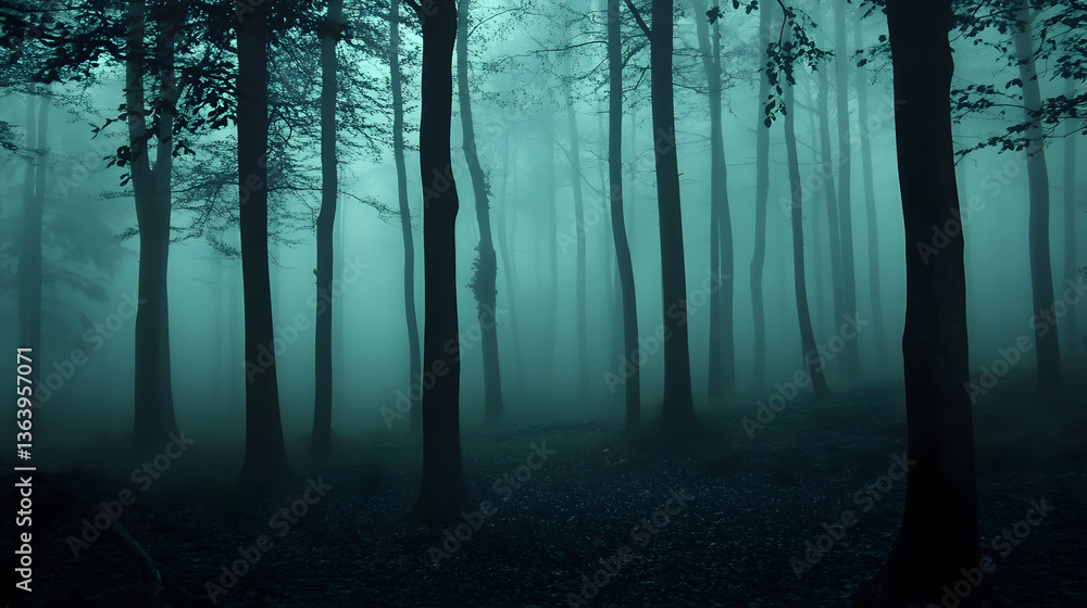 Naklejka premium A dark forest shrouded in mist, rumored to be haunted by lost souls.