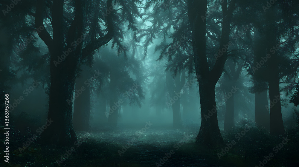 Fototapeta premium A dark forest shrouded in mist, rumored to be haunted by lost souls.