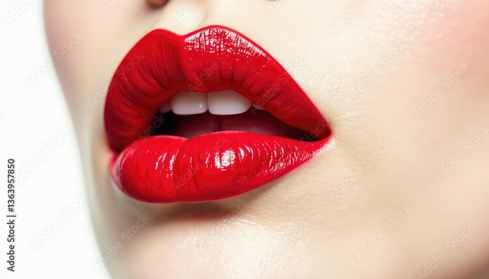 Obraz premium Close-up vibrant red lipstick, stark white backdrop, smooth, white, stock photo