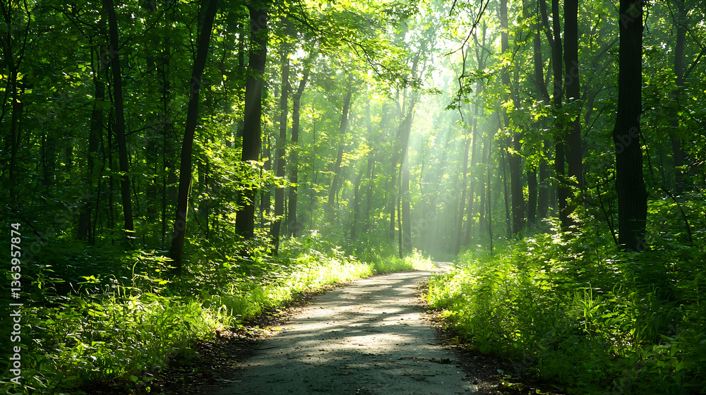 Naklejka premium Sunlit Forest Path Through Dense Green Trees with Bright Sunlight and Shadow