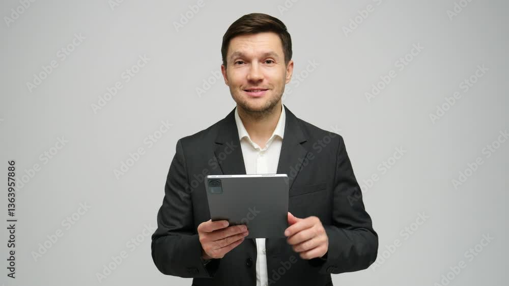 Young man in a suit smiles while holding a tablet in a neutral background setting indoors Young man in a suit smiles while holding a tablet in a neutral background setting indoors