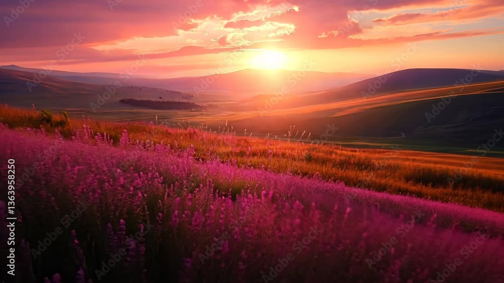 Sunset over rolling hills and wildflowers Sunset over rolling hills and wildflowers
