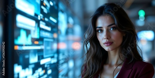 Portrait, young woman, long dark hair, glowing blue lights, futuristic city, night scene, neon, cyberpunk aesthetic