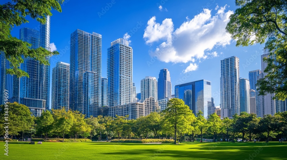 Obraz premium City buildings. Downtown cityscape. Scenery skyline. Urban neighbourhood. Suburban town silhouette. Sky landscape. Modern architecture and park. Daytime panorama. Vector garish background