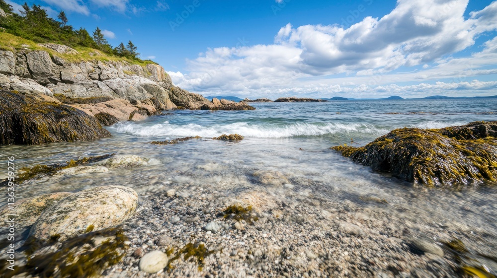 Coastal landscape under a blue sky with clouds and gentle waves at a rocky shore Coastal landscape under a blue sky with clouds and gentle waves at a rocky shore