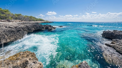 Wallpaper Mural Vibrant turquoise waters at a coastal rocky shore during midday under a clear blue sky Torontodigital.ca