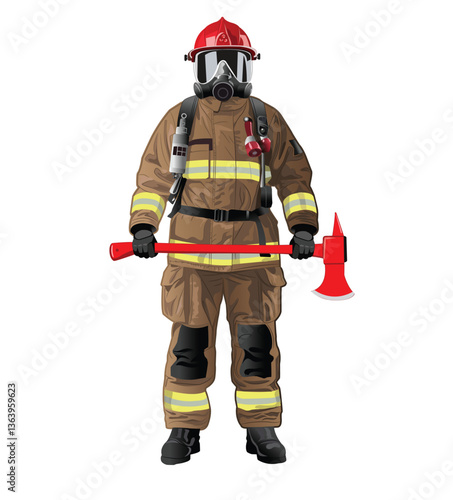a fireman holding a red big axe in full uniform