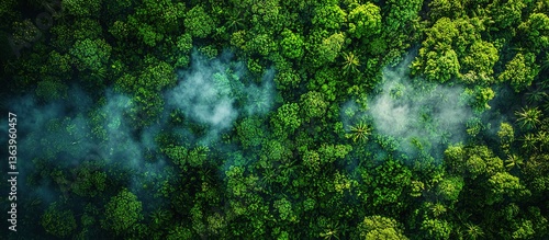 A dense verdant forest landscape with mist rising through the trees