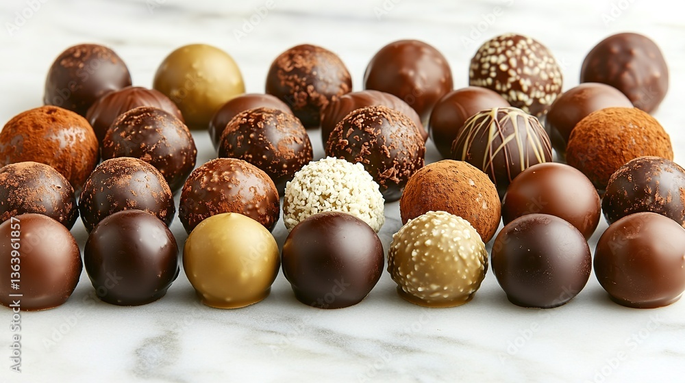 Dark chocolate truffle with fine cocoa powder dusting, creamy chocolate ganache center