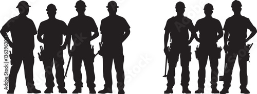 Silhouette of a group of construction workers standing together holding tools, symbolizing unity vector silhouette