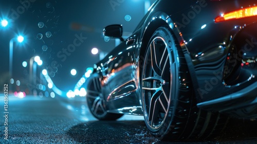 Luxury black sports car parked on a city street at night, showcasing speed, wealth, and style. Automotive photography with blurred background lights.