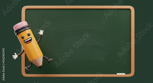 A cheerful pencil character joyfully dances beside a blank chalkboard, ready for learning adventures with a dark green background and simple wooden frame.