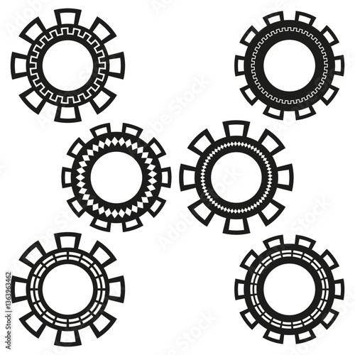 Assorted gear shapes. Intricate mechanical motifs. Bold industrial cogs. Vector black mechanism.