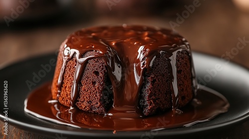 Chocolate lava cake with molten chocolate center, gooey chocolate flowing from soft cake 
