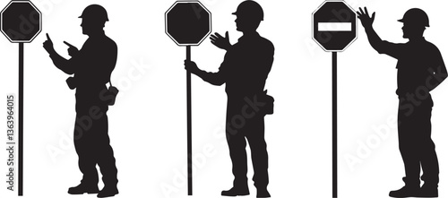 Silhouette of a construction worker directing traffic with a stop sign, symbolizing safety vector silhouette