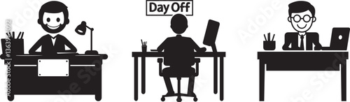 Silhouette of a smiling office worker at a desk with a "Day Off" sign, symbolizing work-life balance vector silhouette