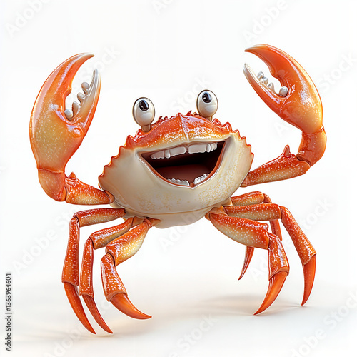 Smiling 3D Cartoon Crab Waving Its Claws Isolated on White Background
