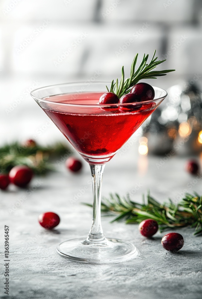 Elegant Red Cocktail Garnished with Fresh Rosemary and Cranberries in a Stylish Glass Setting with Soft Background Elegant Red Cocktail Garnished with Fresh Rosemary and Cranberries in a Stylish Glass Setting with Soft Background